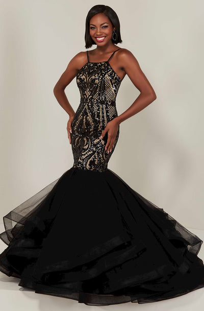 Tiffany Designs - 16359 Sequined Halter Tulle Mermaid Dress In Black and Neutral