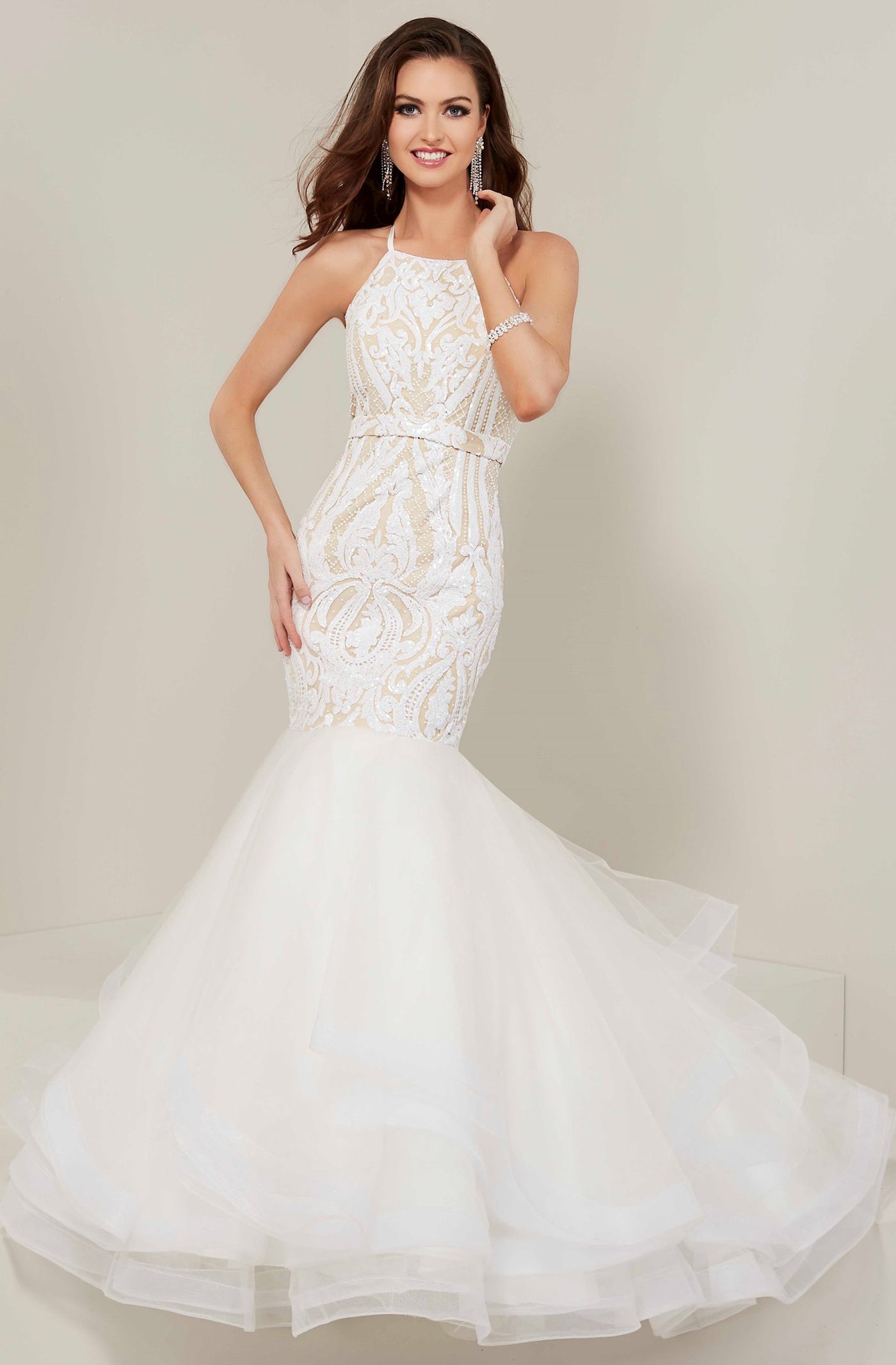 Tiffany Designs - 16359 Sequined Halter Tulle Mermaid Dress In White and Neutral