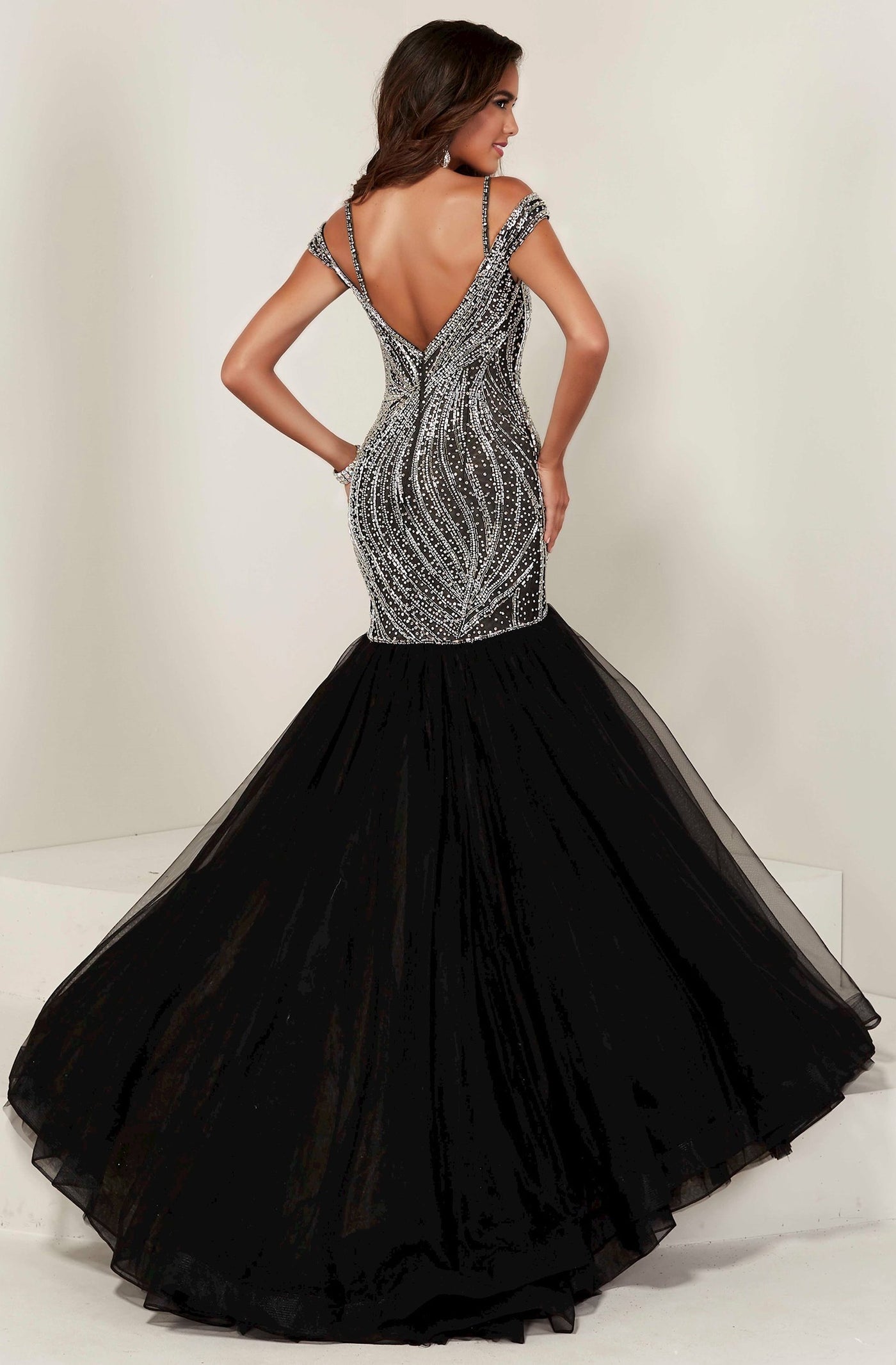 Tiffany Designs - 16363 Off Shoulder Crystal Beaded Mermaid Gown In Black