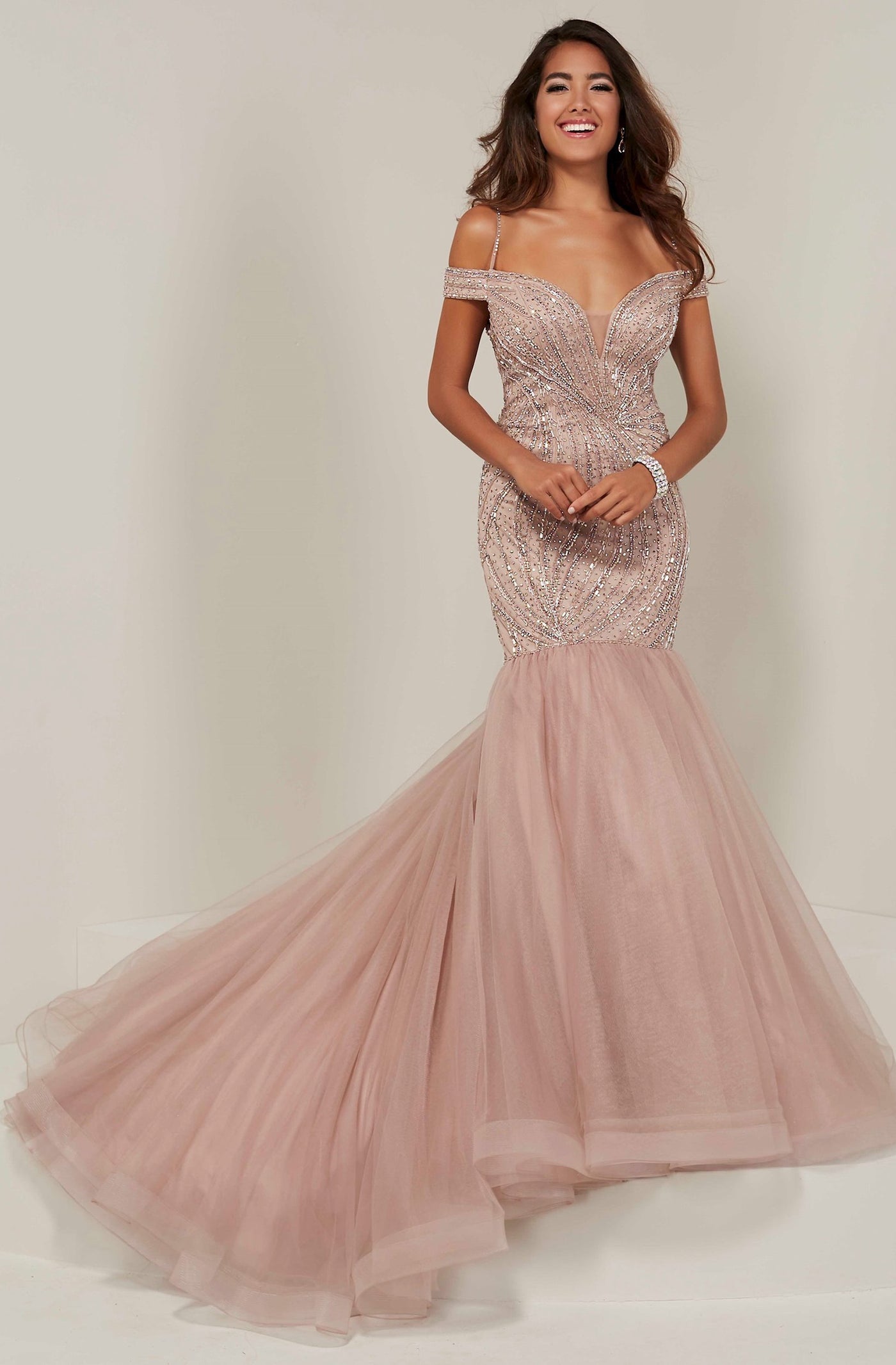 Tiffany Designs - 16363 Off Shoulder Crystal Beaded Mermaid Gown In Pink