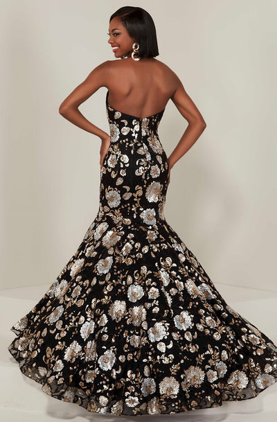 Tiffany Designs - 16366 Floral Sequined Illusion Halter Mermaid Gown In Black and Gold