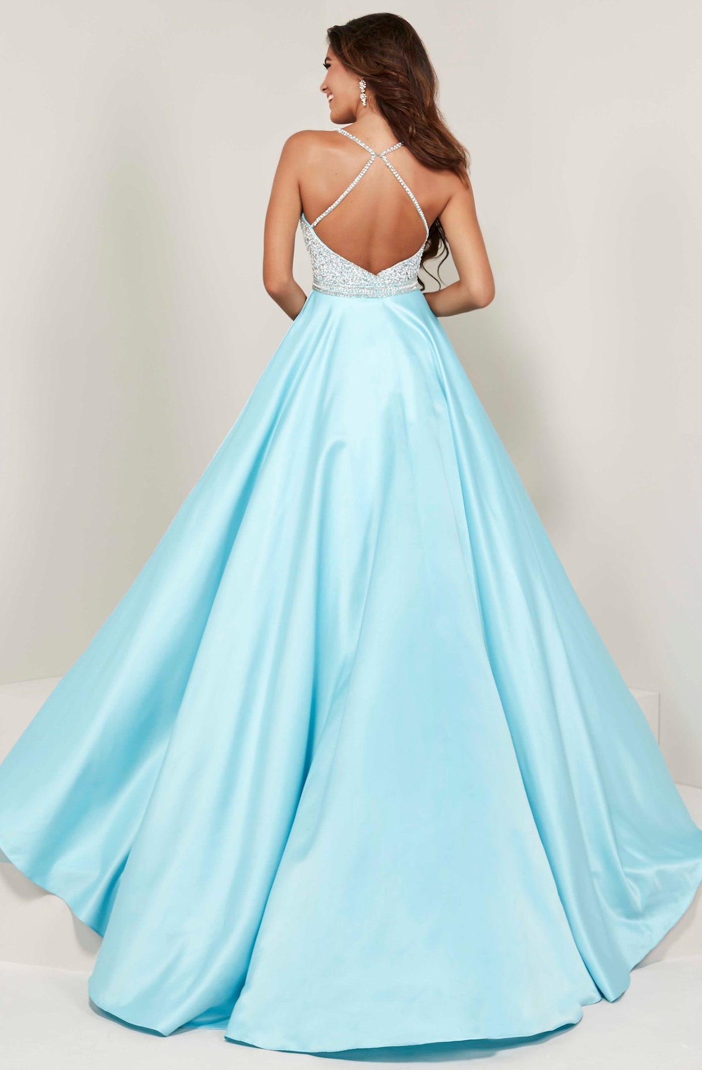 Tiffany Designs - 16367 Beaded Bodice Crisscross Back Gown In Blue