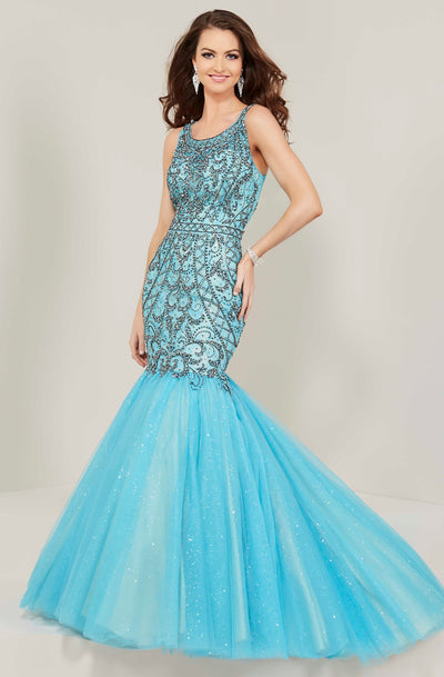 Tiffany Designs - 16370 Beaded Cutout Back Glitter Mermaid Gown In Blue
