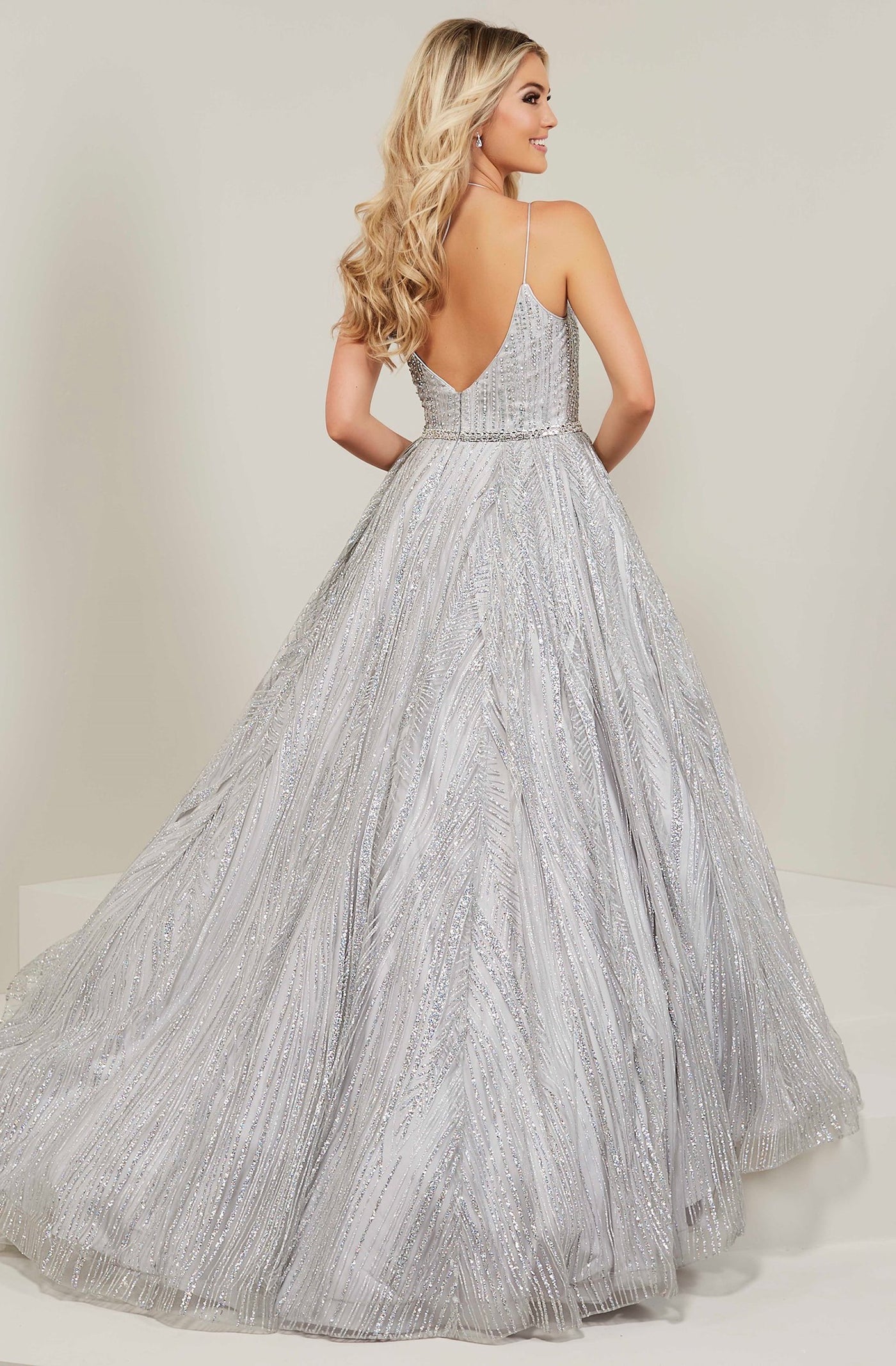 Tiffany Designs - 16372 Scoop Neck Glitter Tulle A-Line Gown In Silver