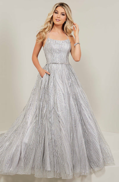 Tiffany Designs - 16372 Scoop Neck Glitter Tulle A-Line Gown In Silver