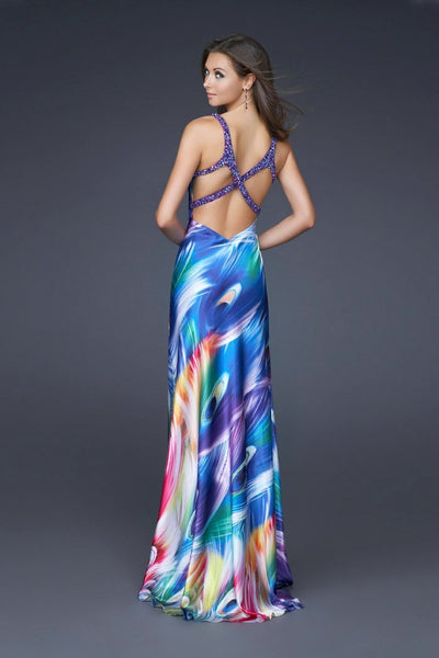 La Femme - 16396 Sleeveless Peacock Inspired Satin Long Dress In Multi-Color