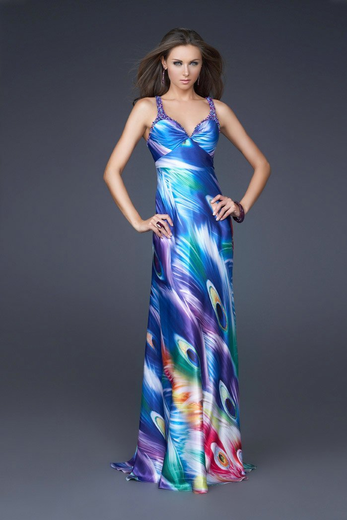 La Femme - 16396 Sleeveless Peacock Inspired Satin Long Dress In Multi-Color