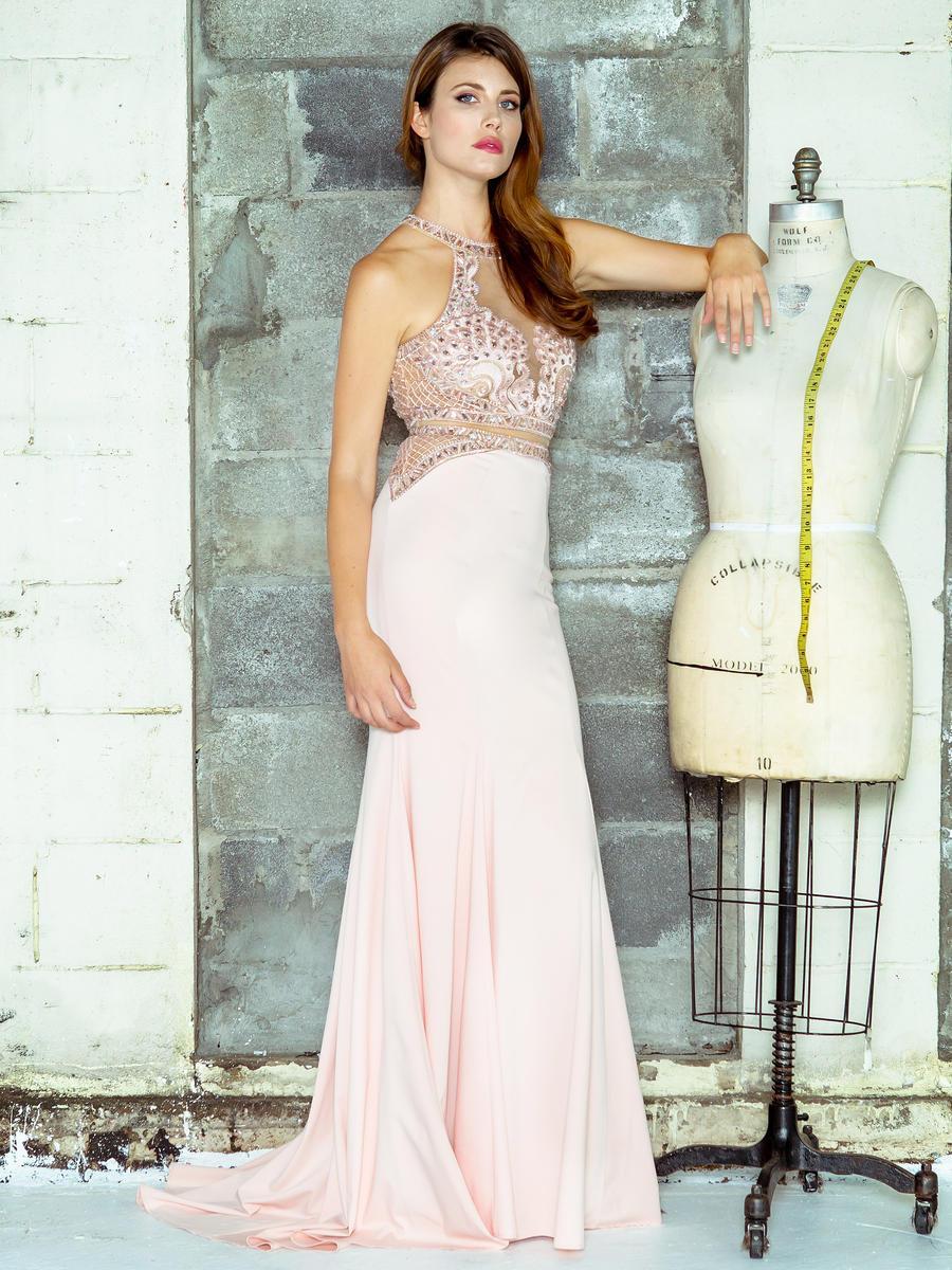 Colors Dress - 1669 Illusion High Halter Lattice Gown in Pink