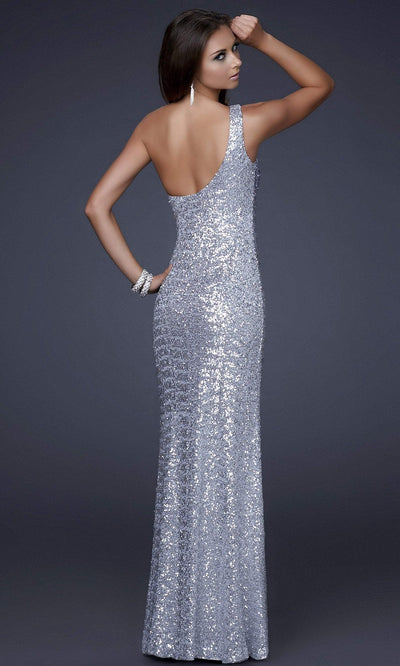 La Femme - One Shoulder Iridescent Ombre Sequined Gown 16800SC In Blue and Silver