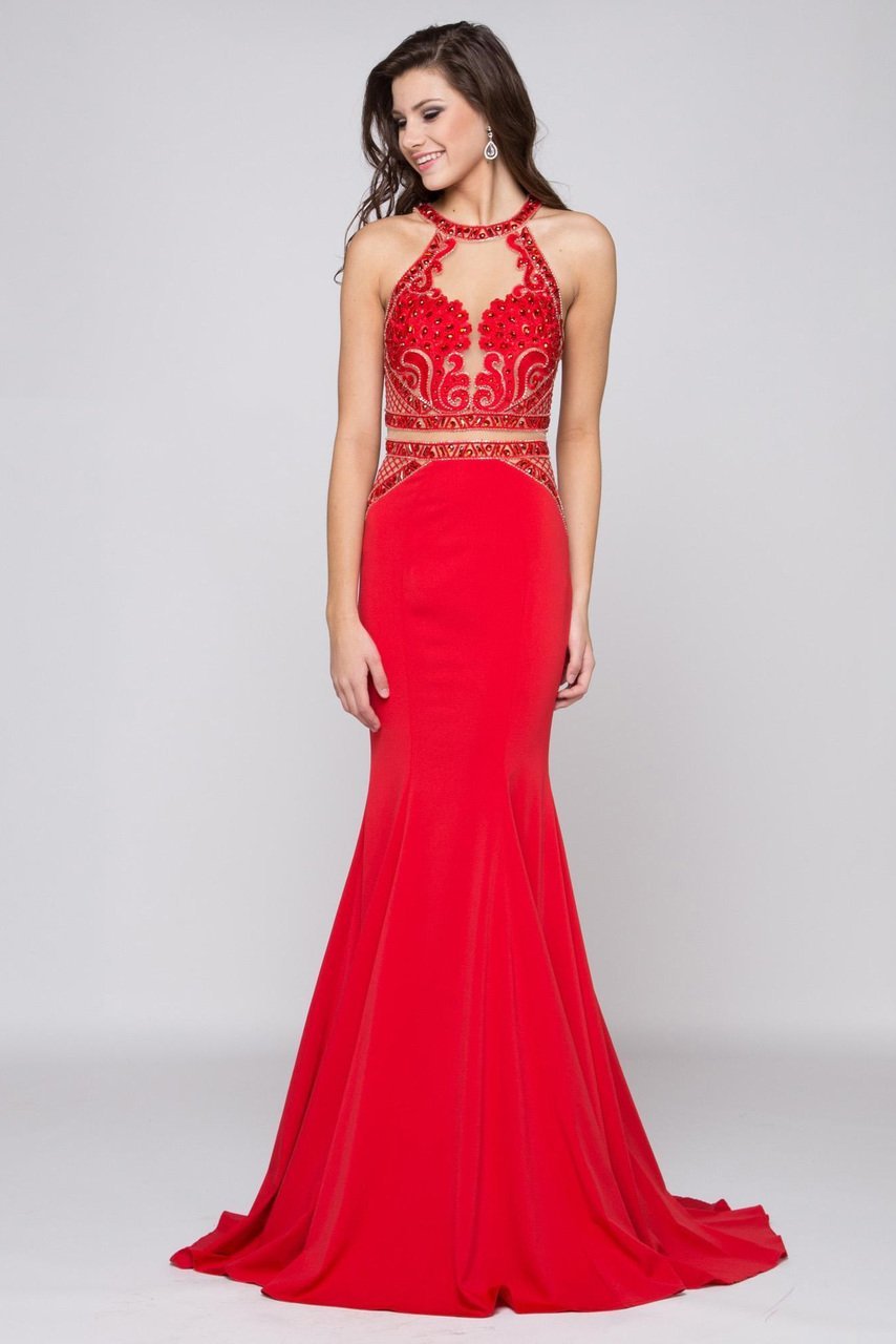 Colors Dress - 1669 Illusion High Halter Lattice Gown in Red