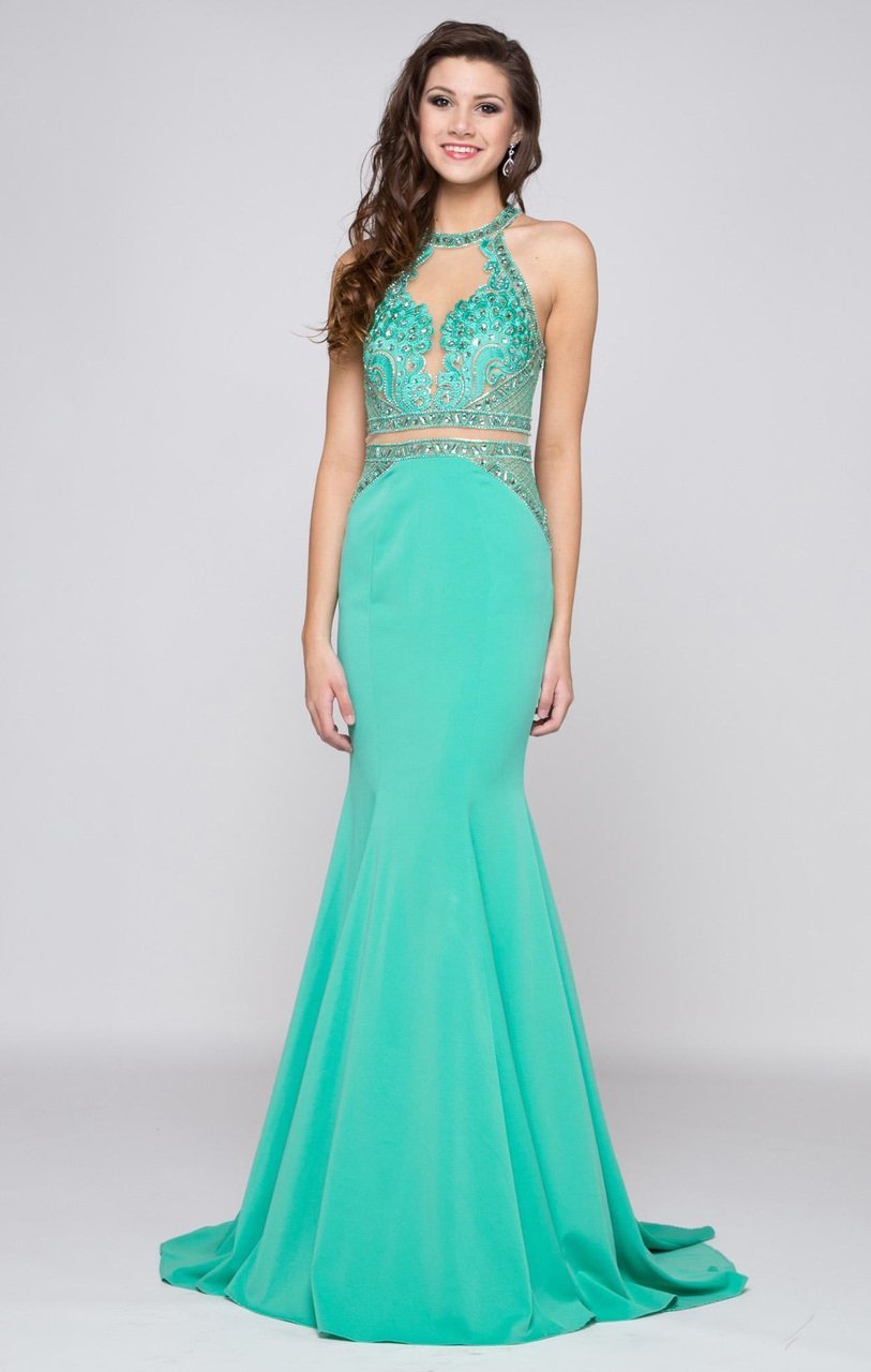 Colors Dress - 1669 Illusion High Halter Lattice Gown in Green