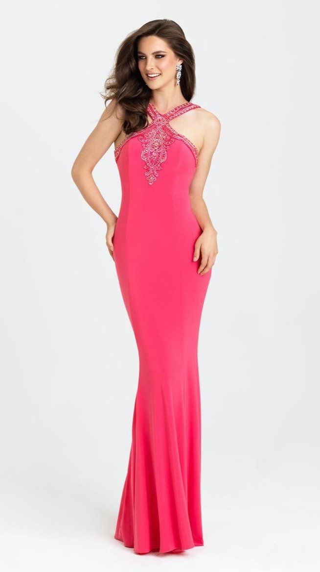 Madison James - Halter Fitted Sheath Evening Dress l16-373 In Pink