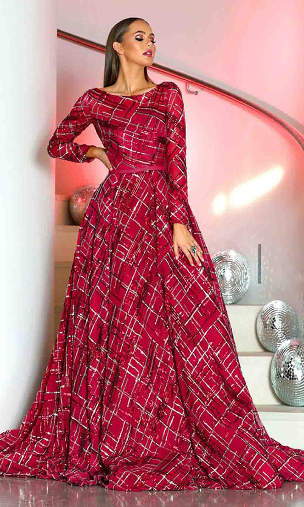 Portia and Scarlett - 1703 Long Sleeve Sequined Gown In Red