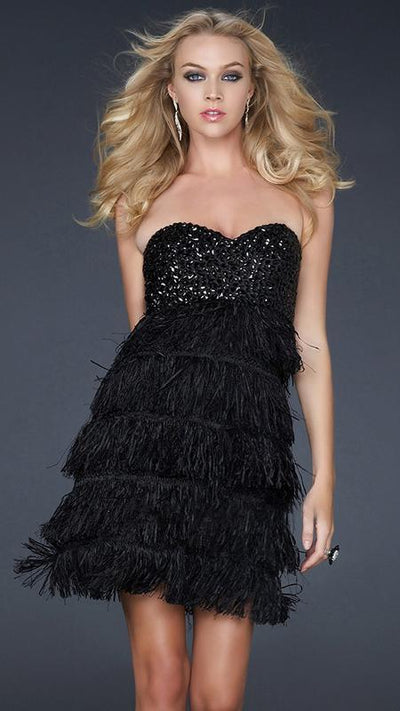 La Femme - Black Feathery Empire Waist Cocktail Dress 17078 in Black