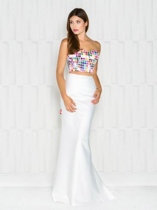 Colors Dress - 1716 Colorful Print Two-Piece Evening Gown in White