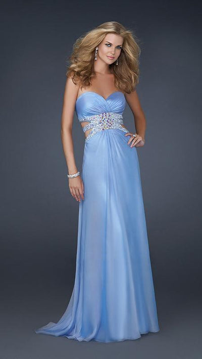 La Femme - Ruched Sweetheart with Embellished Cutouts A-line Evening Dress 17203 in Blue