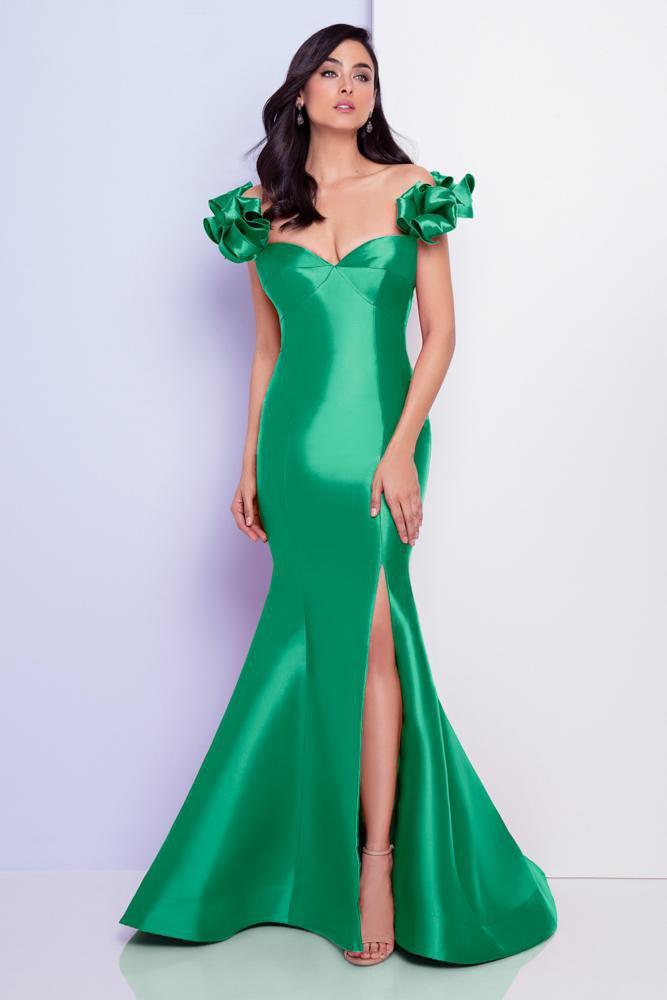 Terani Couture - 1721E4128 Off Shoulder Ribbon Sweetheart Evening Gown in Green