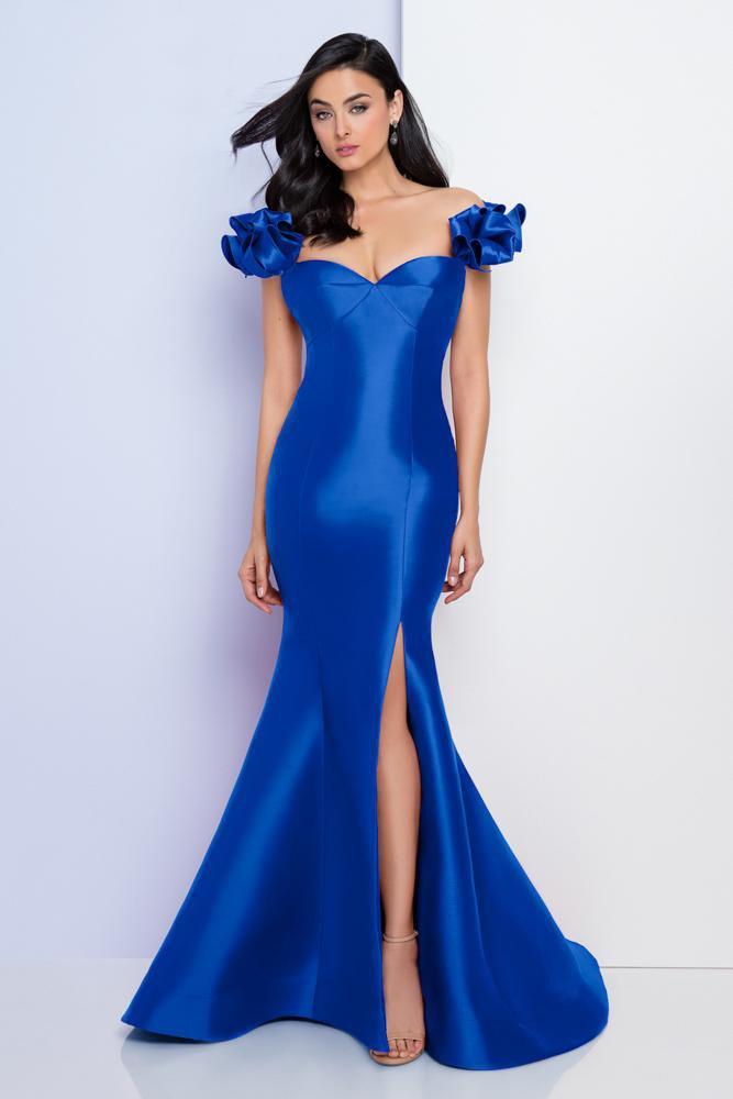 Terani Couture - 1721E4128 Off Shoulder Ribbon Sweetheart Evening Gown in Blue