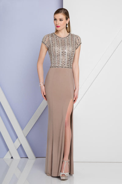 Terani Couture - 1721E4161 Embellished Jewel Neck Sheath Dress in Taupe