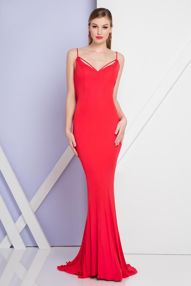 Terani Couture - 1721E4179 Cowl V-Neck Sheath Dress in Red