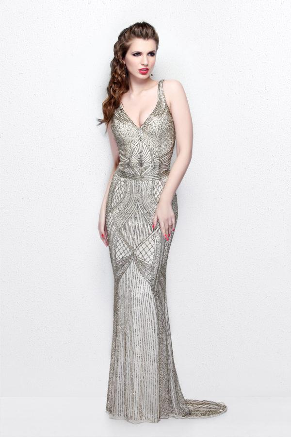 Primavera Couture - V-Neck Beaded Long Dress 1723 in Nude