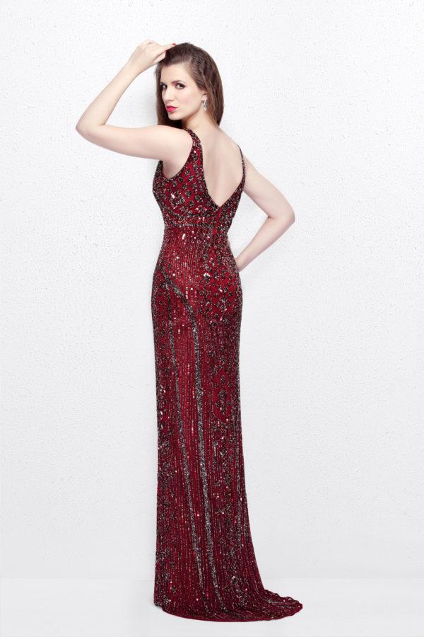 Primavera Couture - Sleeveless V-Neck Beaded Long Dress 1734 in Red