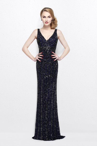 Primavera Couture - Sleeveless V-Neck Beaded Long Dress 1734 in Blue