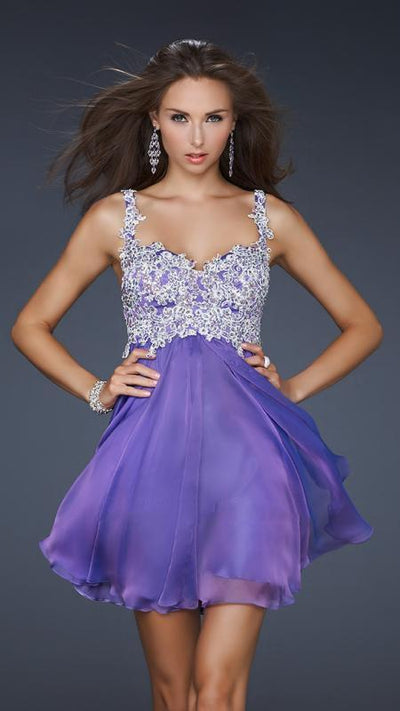 La Femme - Delicate Lace Appliqued Sweetheart A-Line Cocktail Dress 17446 In Purple