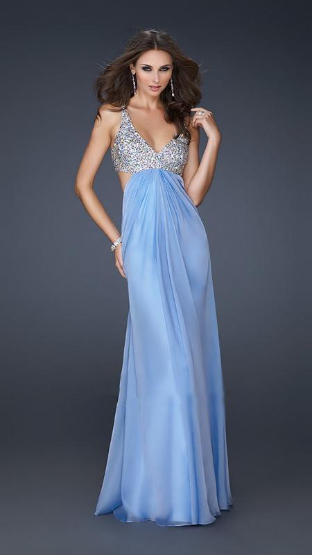 La Femme - Bead Embellished V-neck Chiffon A-line Dress 17472 In Blue