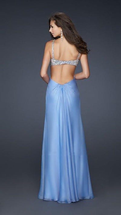 La Femme - Bead Embellished V-neck Chiffon A-line Dress 17472 In Blue