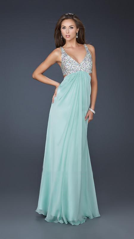 La Femme - Bead Embellished V-neck Chiffon A-line Dress 17472 In Green