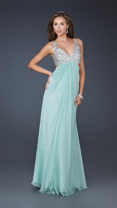 La Femme - Bead Embellished V-neck Chiffon A-line Dress 17472 In Green