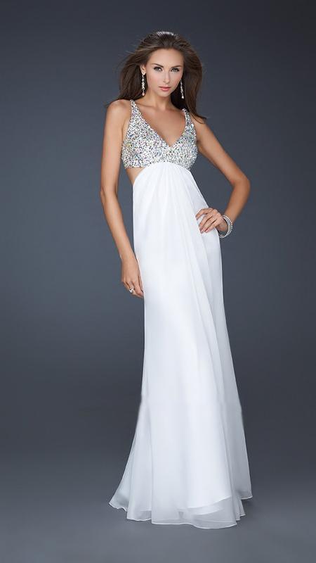 La Femme - Bead Embellished V-neck Chiffon A-line Dress 17472 In White