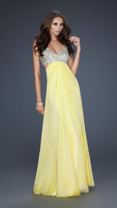 La Femme - Bead Embellished V-neck Chiffon A-line Dress 17472 In Yellow