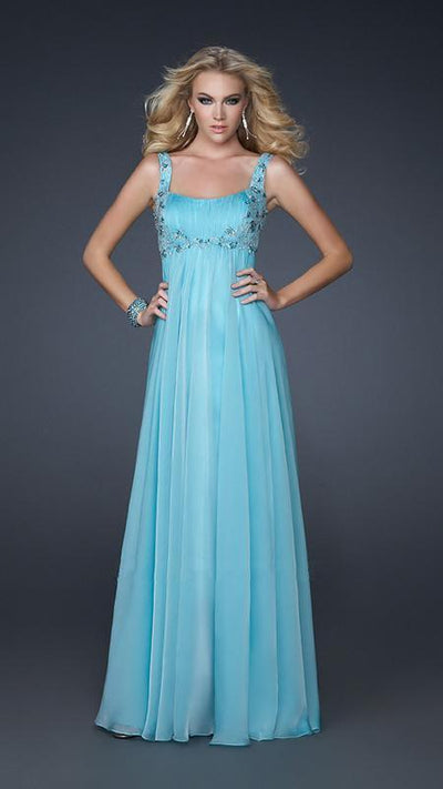 La Femme - Beaded and Ruched Sweetheart Chiffon A-line Gown 17476 In Blue