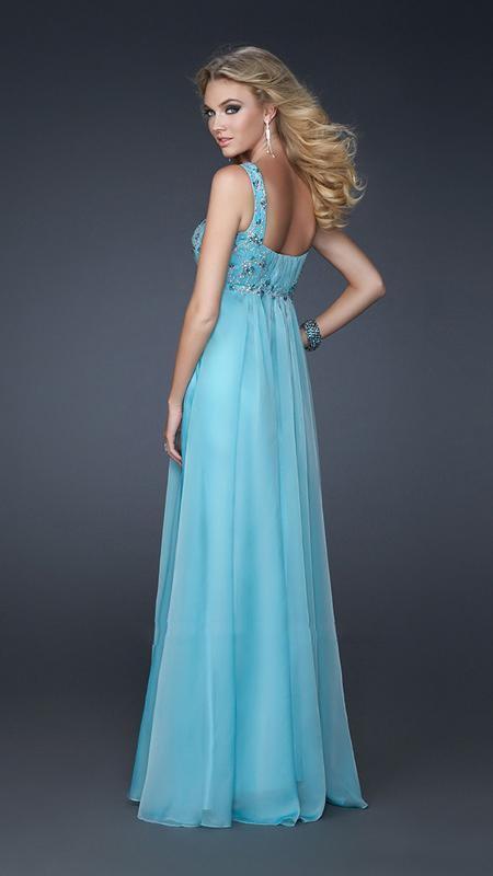 La Femme - Beaded and Ruched Sweetheart Chiffon A-line Gown 17476 In Blue