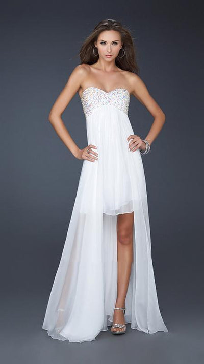 La Femme - Beaded Sweetheart High-Low Chiffon A-line Gown 17502 In White