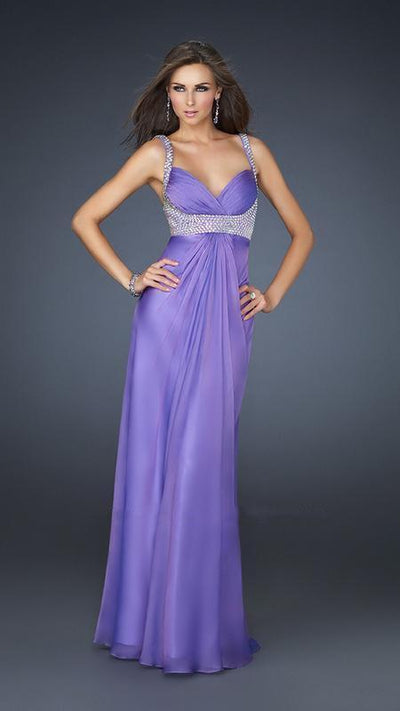 La Femme - Bead Embellished Ruched Sweetheart Chiffon A-line Gown 17543 In Purple