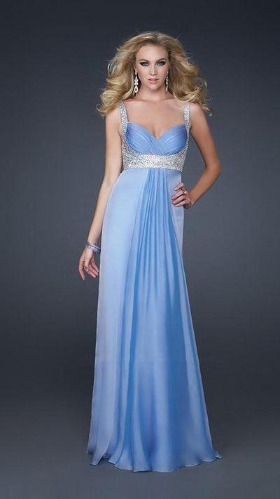 La Femme - Bead Embellished Ruched Sweetheart Chiffon A-line Gown 17543 In Blue