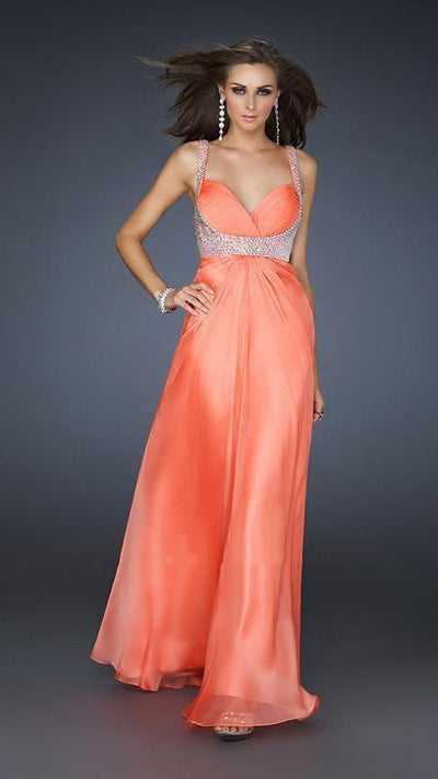 La Femme - Bead Embellished Ruched Sweetheart Chiffon A-line Gown 17543 In Orange