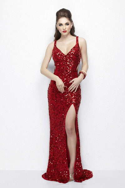 Primavera - 1764 Sleeveless Sequined V-Neck Gown in Red