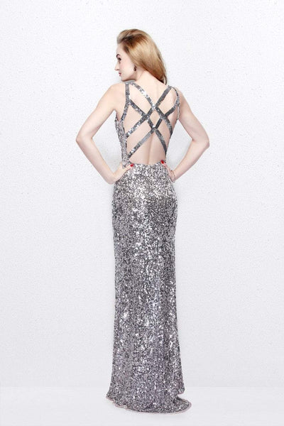 Primavera - 1764 Sleeveless Sequined V-Neck Gown in Silver