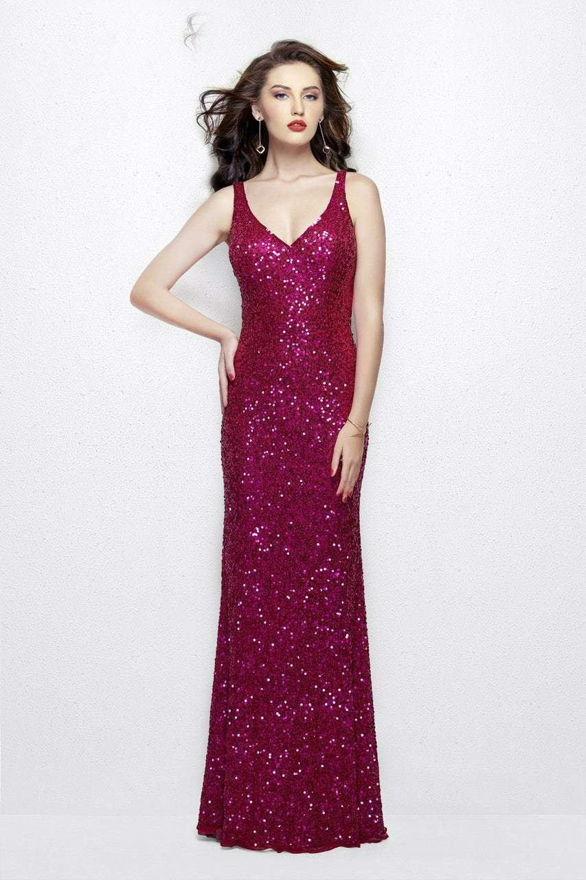 Primavera - 1764 Sleeveless Sequined V-Neck Gown in Red