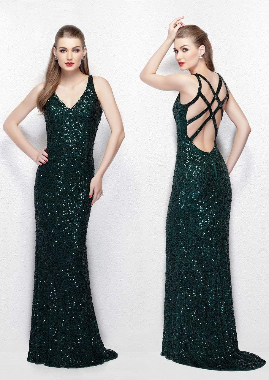 Primavera - 1764 Sleeveless Sequined V-Neck Gown in Green