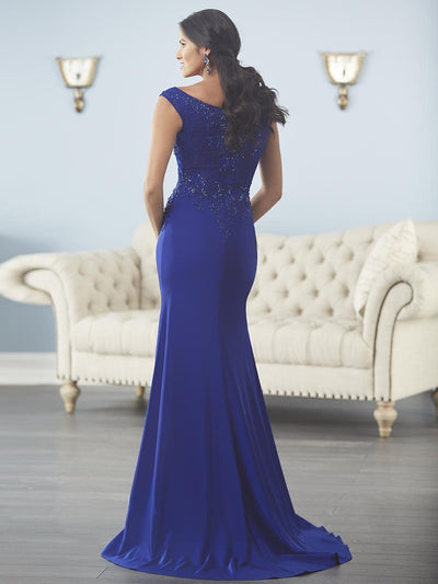 Christina Wu Elegance - Beaded Lace V-Neck Trumpet Evening Gown 17841 In Blue