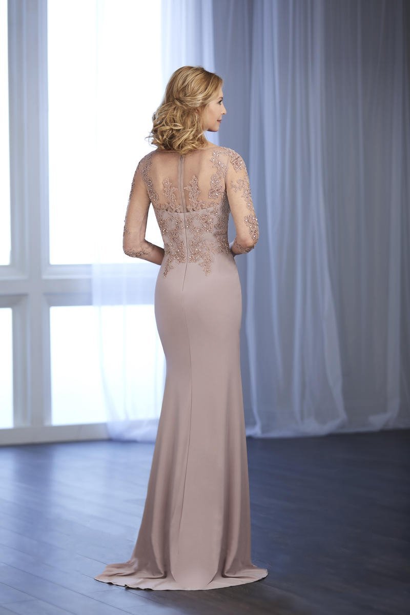 Beaded Lace Illusion Bateau Jersey Gown 17852 in Pink and Neutral