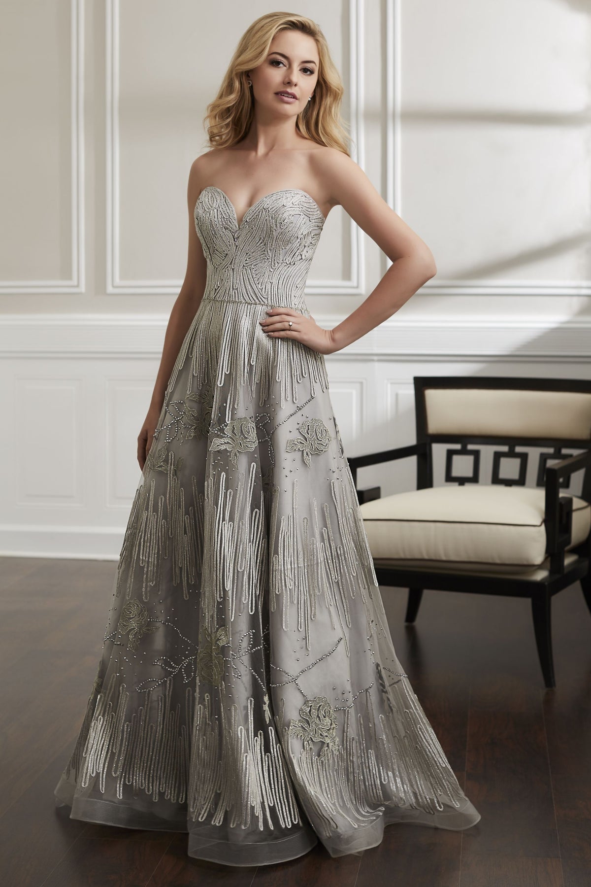 Christina Wu Elegance - 17907 Strapless Ribbonwork-Ornate A-Line Gown In Gray
