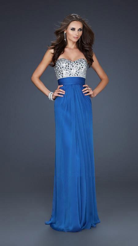 La Femme - Strapless Rhinestone Embellished Long Gown 17909 In Blue and Silver