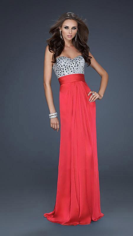 La Femme - Strapless Rhinestone Embellished Long Gown 17909 In Red and Silver