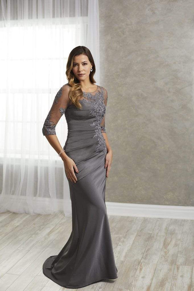 Christina Wu Elegance - 17936 Illusion Neckline and Sleeve Lace Applique Satin Gown In Gray